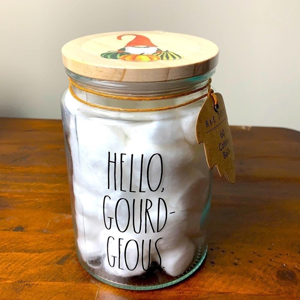 Rae Dunn Gnome Cotten Ball Glass Jar